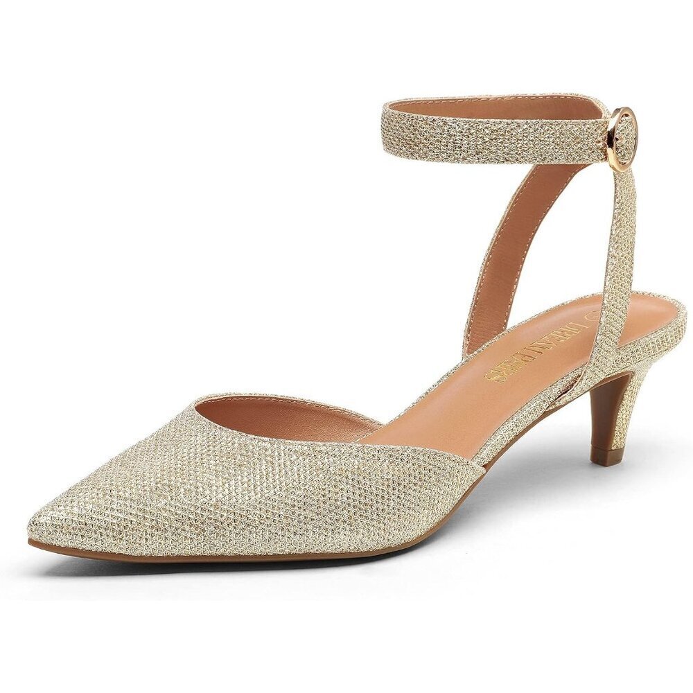 Dream Pairs Women Gold Faux Leather Closed Pointed Toe Ankle Strap Pump Shoes